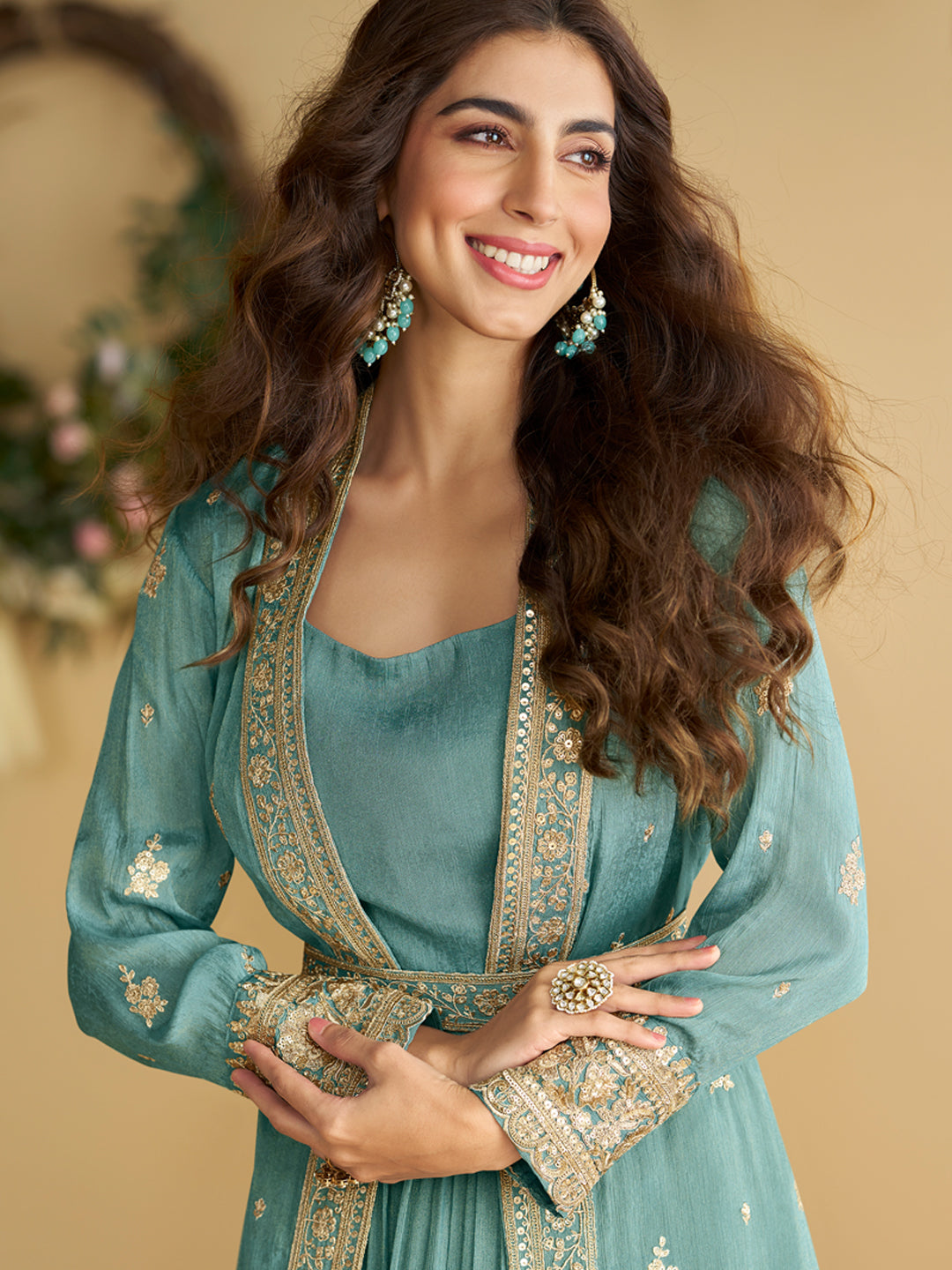 Evanik Teal Chinon Silk With Embroidered Work Gown With Shrug & Belt | Grocsy