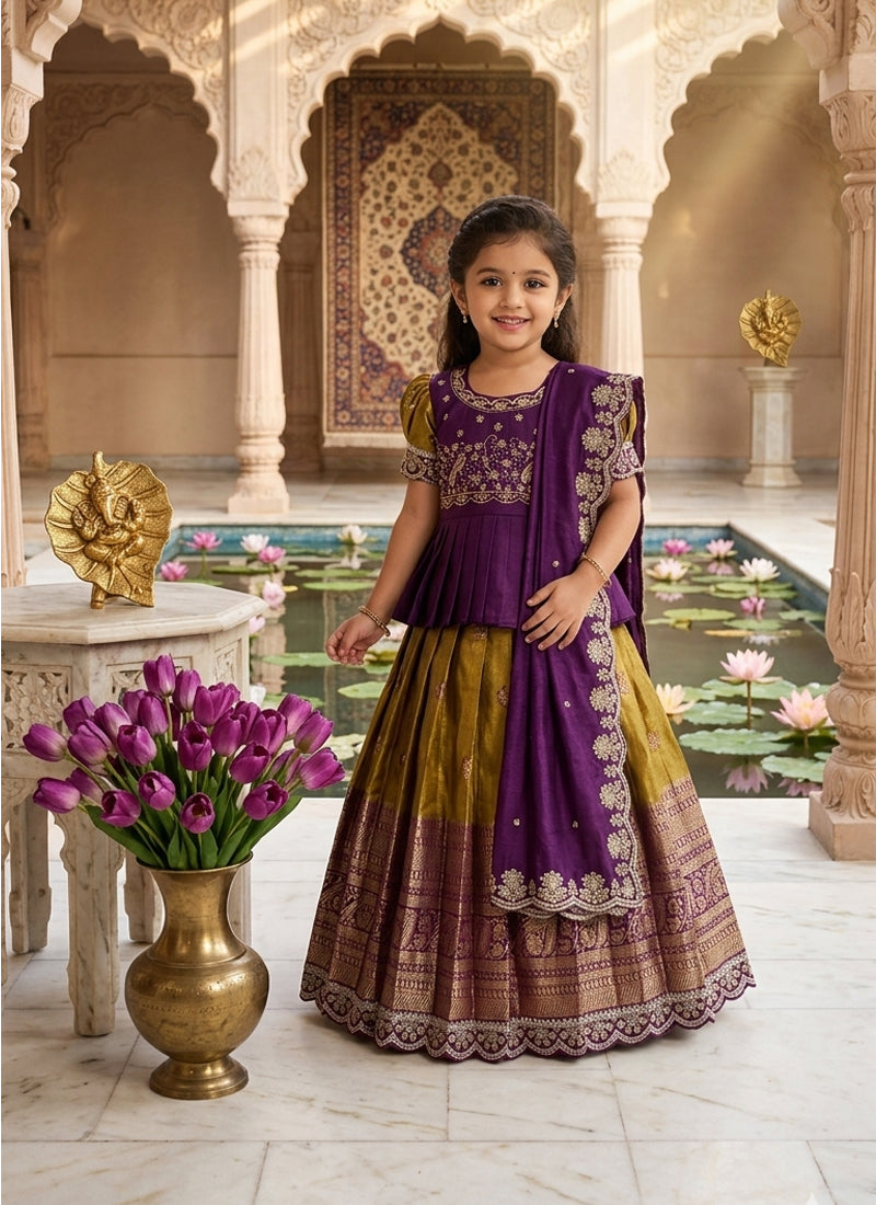 Evanik Kids Mustard Simmer Silk Zari Weaving Pavadai Lehenga Choli Set | Grocsy