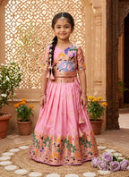 Evanik Pink Soft Silk Paithani Design Zari Weaving Pavadai Lehenga Choli For Kids | Grocsy