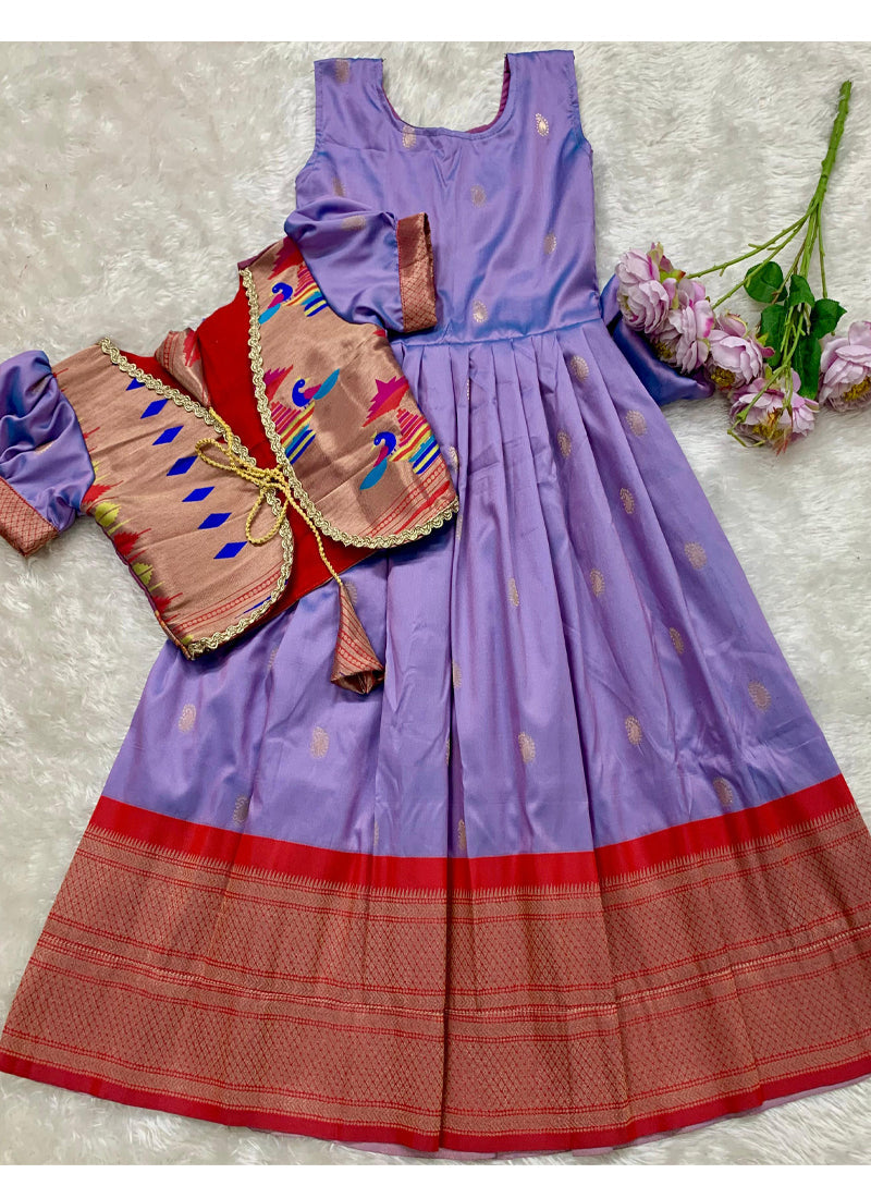 Evanik Purple Soft Paithani Silk Zari Weaving Pavadai For Kids Gown & Koti | Grocsy