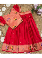 Evanik Red Soft Silk Paithani Design Zari Weaving Pavadai Lehenga Choli For Kids | Grocsy