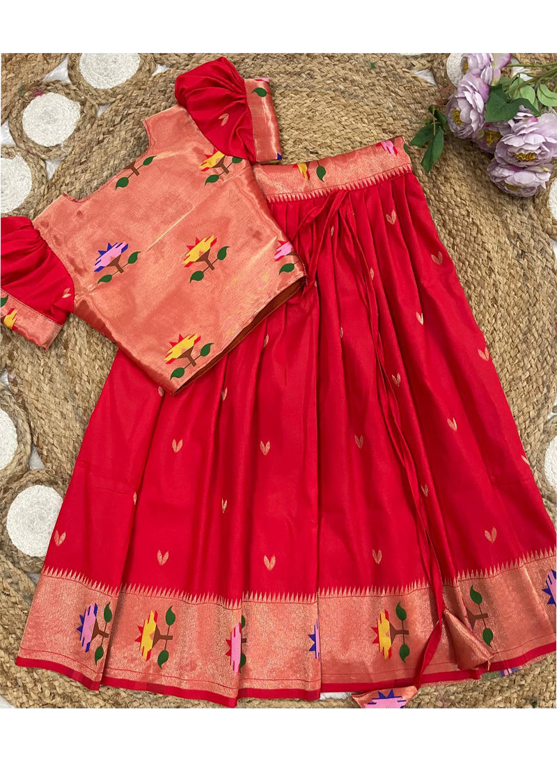 Evanik Red Soft Silk Paithani Design Zari Weaving Pavadai Lehenga Choli For Kids | Grocsy