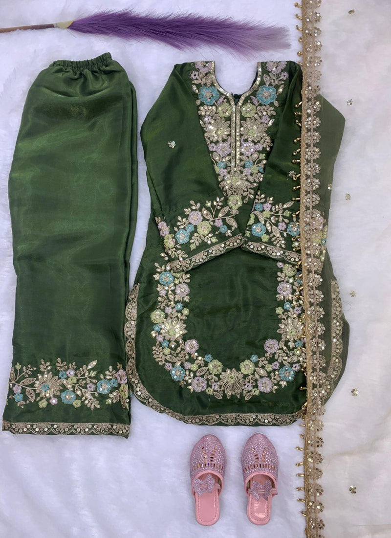 Evanik Green Kids Festival Wear Black Embroidered Silk Kurta Palazzo Set | Grocsy