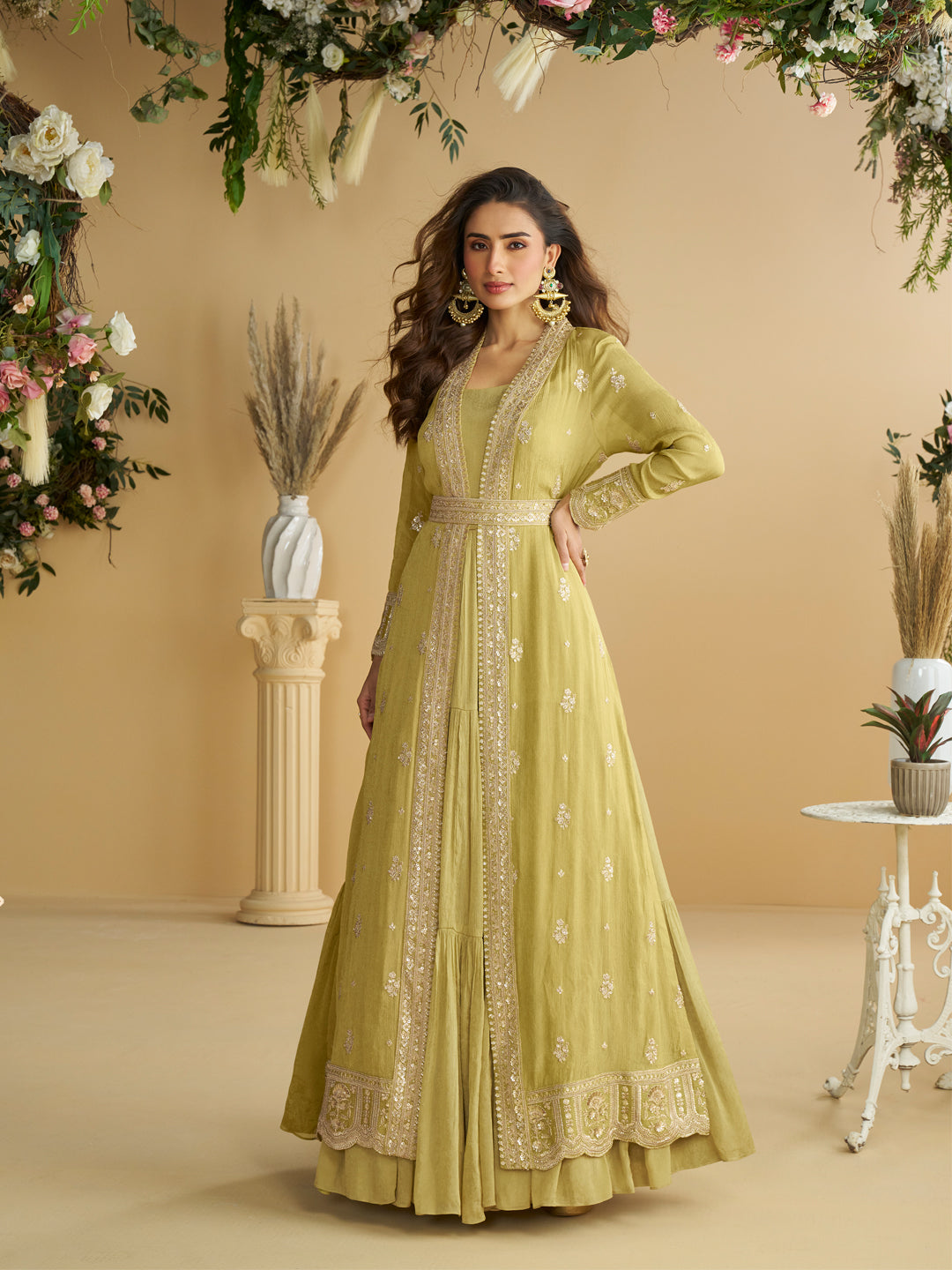 Evanik Perrot Chinon Silk With Embroidered Work Gown With Shrug & Belt | Grocsy