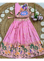 Evanik Pink Soft Silk Paithani Design Zari Weaving Pavadai Lehenga Choli For Kids | Grocsy