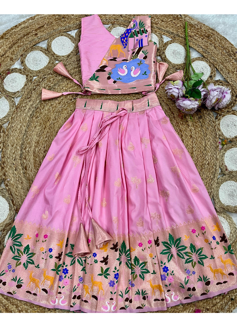 Evanik Pink Soft Silk Paithani Design Zari Weaving Pavadai Lehenga Choli For Kids | Grocsy