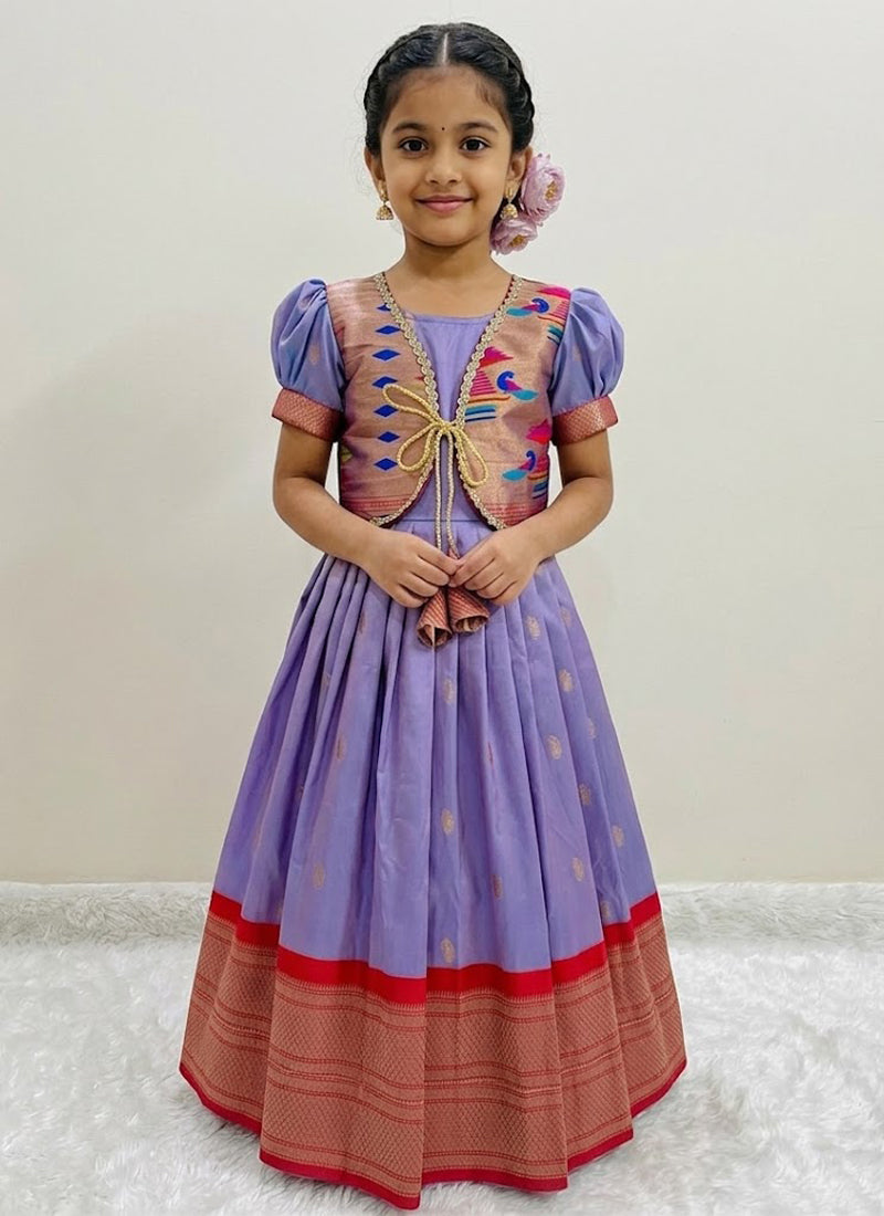 Evanik Purple Soft Paithani Silk Zari Weaving Pavadai For Kids Gown & Koti | Grocsy