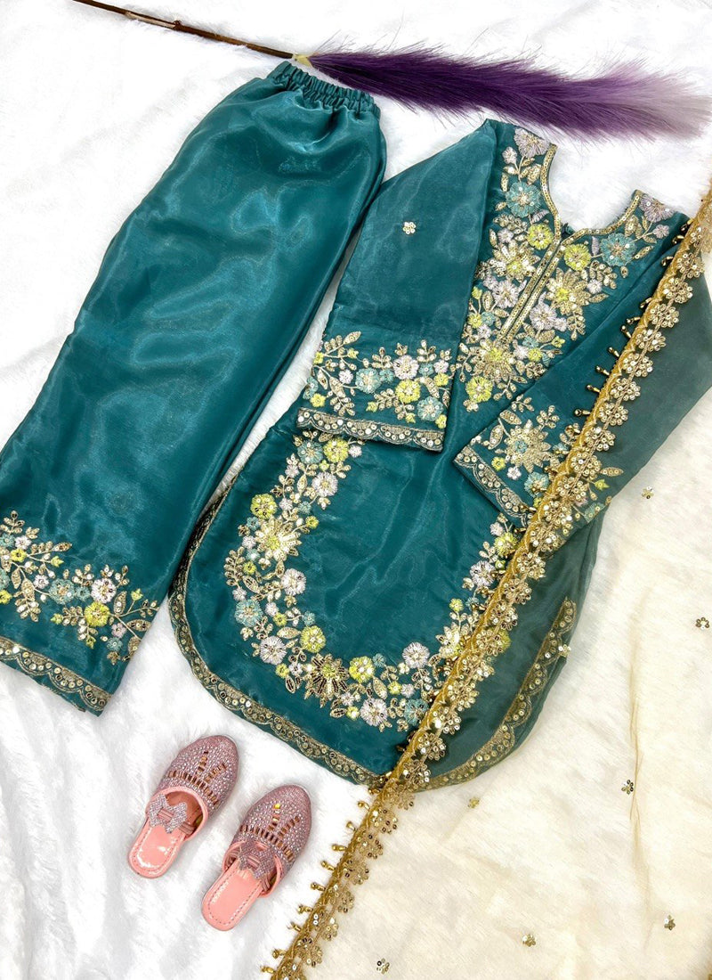Evanik Turquoise Kids Festival Wear Black Embroidered Silk Kurta Palazzo Set | Grocsy