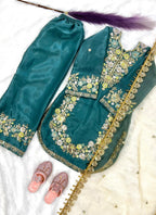 Evanik Turquoise Kids Festival Wear Black Embroidered Silk Kurta Palazzo Set | Grocsy