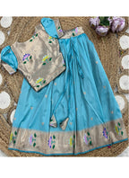 Evanik Blue Soft Silk Paithani Design Zari Weaving Pavadai Lehenga Choli For Kids | Grocsy