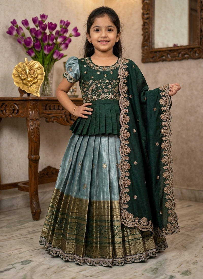 Evanik Kids Seagreen Simmer Silk Zari Weaving Pavadai Lehenga Choli Set | Grocsy
