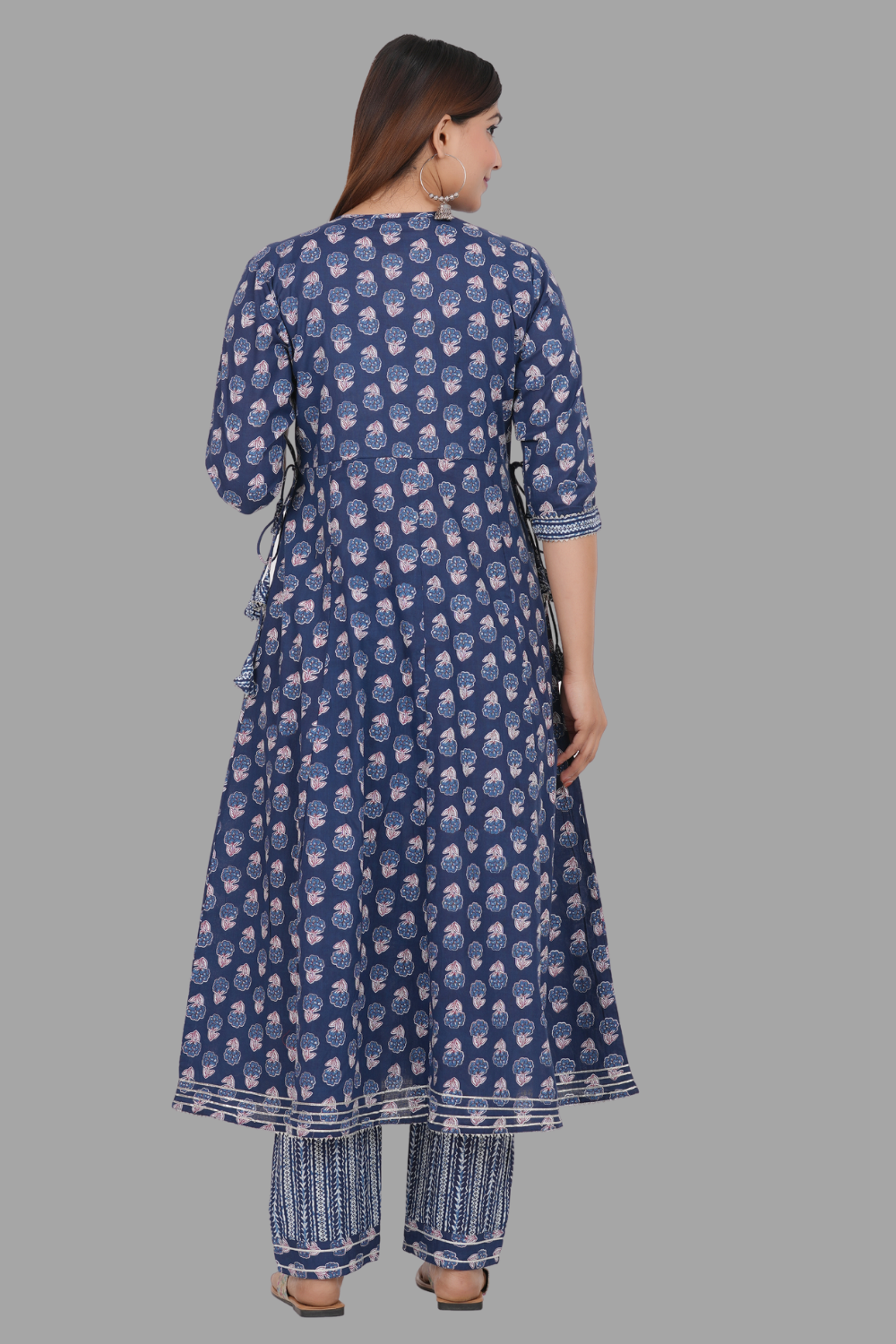 House of RP Women's Blue Cotton Floral Yoke Embroidered Anarkali Kurta & Pant Set | Grocsy