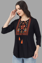 House of RP Women Black Rayon Embroidered Flared Tunic | Grocsy