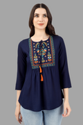 House of RP Women Blue Rayon Embroidered Flared Tunic | Grocsy