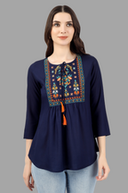 House of RP Women Blue Rayon Embroidered Flared Tunic | Grocsy