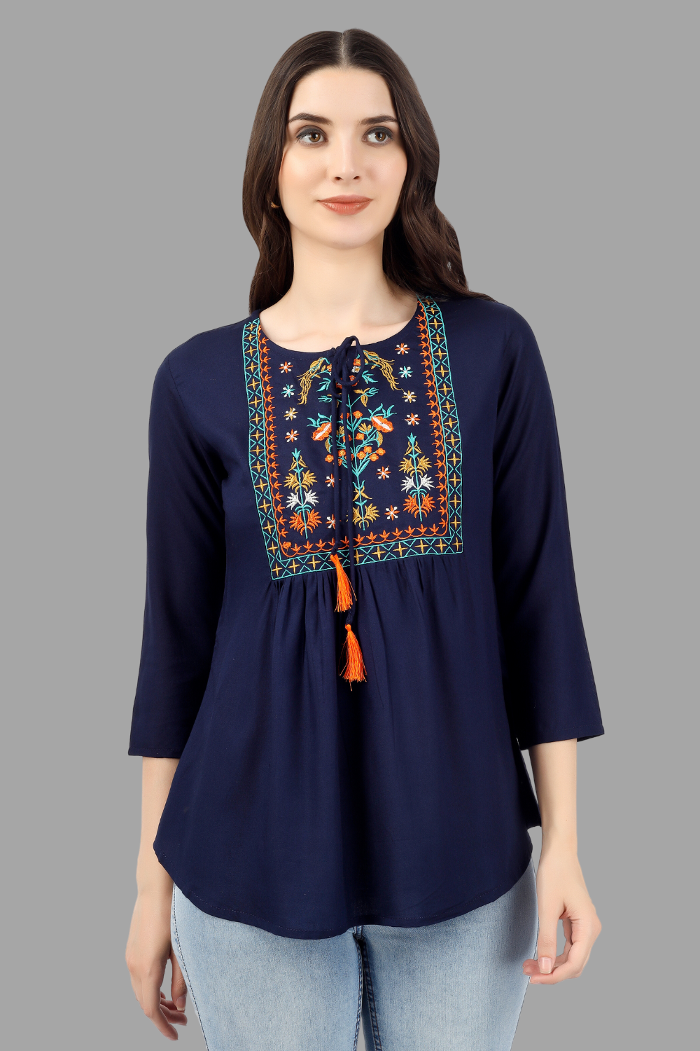 House of RP Women Blue Rayon Embroidered Flared Tunic | Grocsy