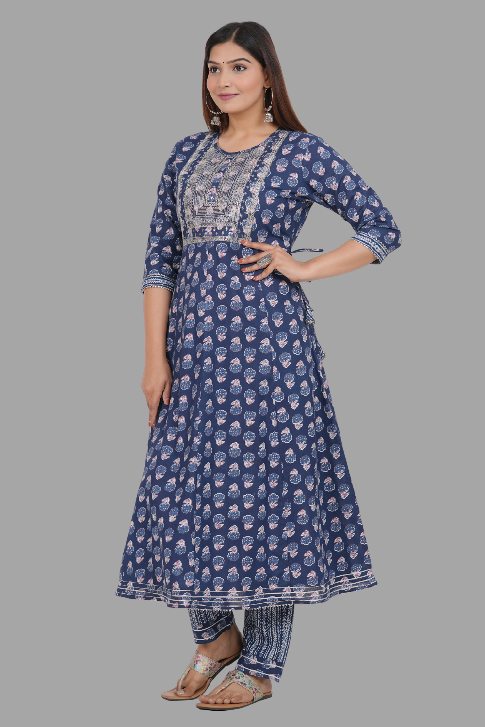 House of RP Women's Blue Cotton Floral Yoke Embroidered Anarkali Kurta & Pant Set | Grocsy