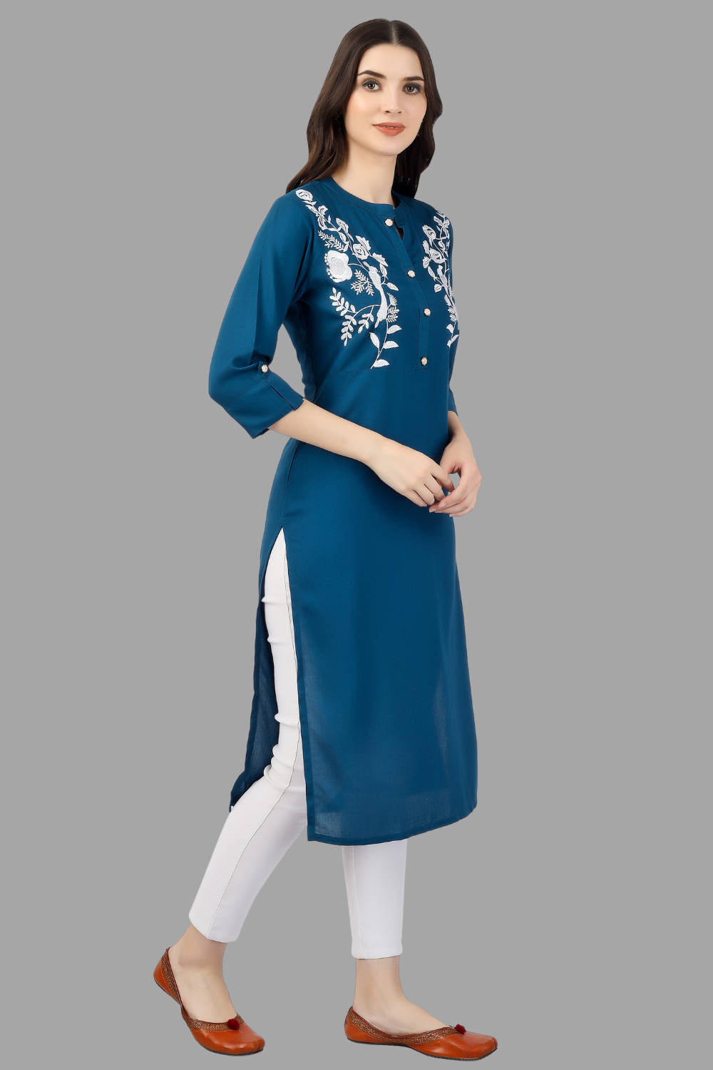 House of RP Women's Light Blue Rayon Chicken Embroidered Straight Kurta | Grocsy