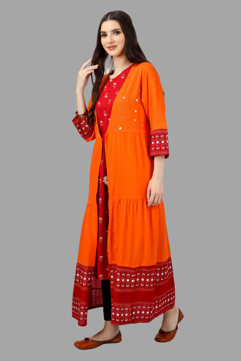 House of RP Women's Red Rayon Embroidered Circular Kurta with Shurg | Grocsy