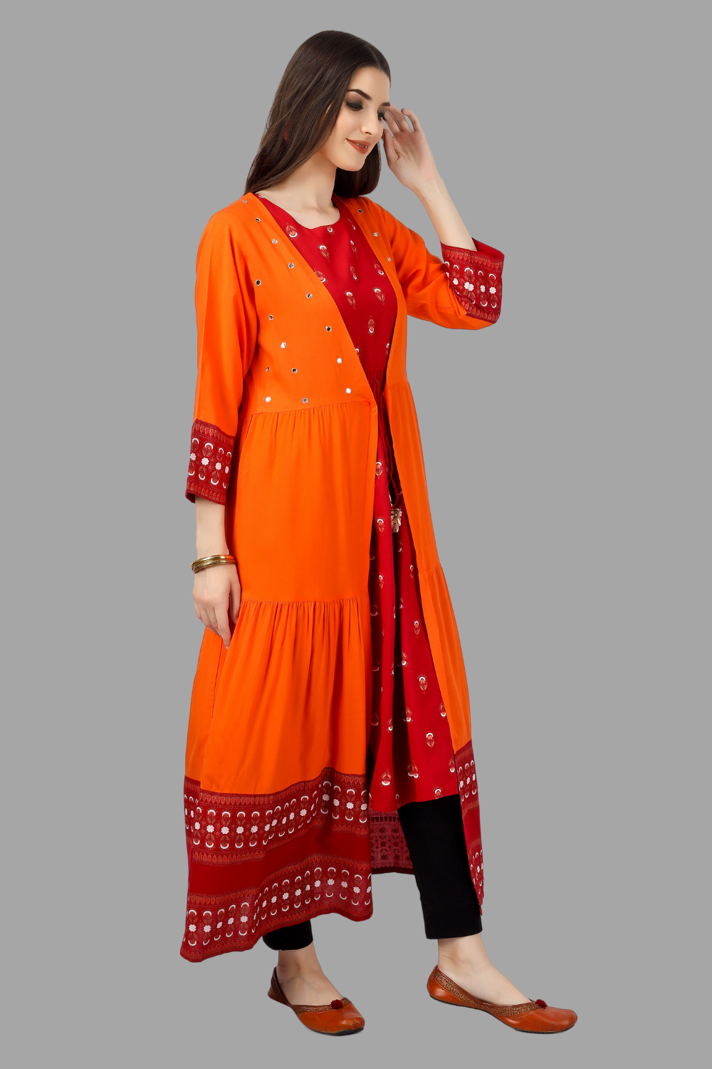 House of RP Women's Red Rayon Embroidered Circular Kurta with Shurg | Grocsy
