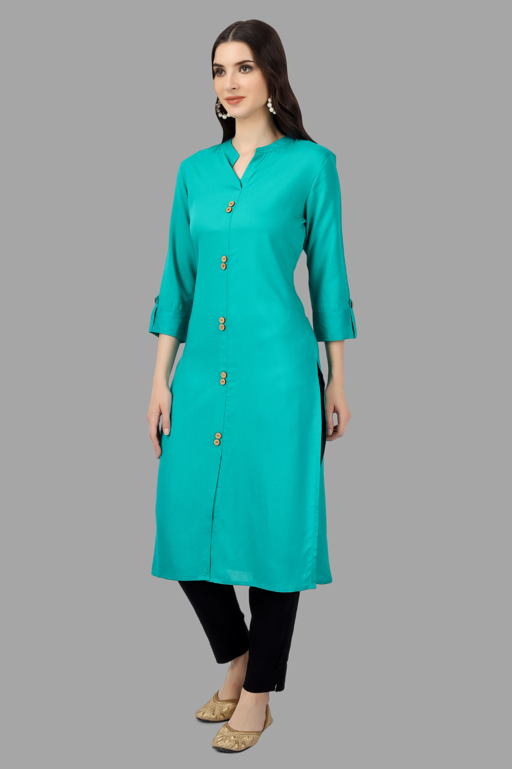 House of RP Women's Turquoise Rayon Solid Frontslit Straight Kurta | Grocsy