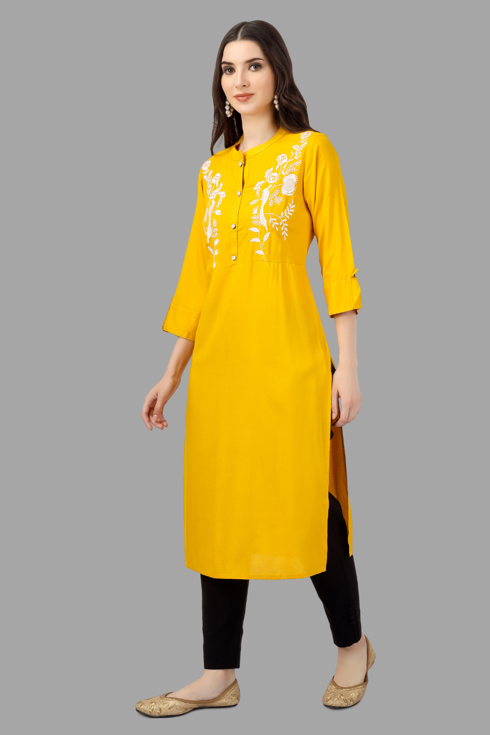 House of RP Women's Yellow Rayon Chicken Embroidered Straight Kurta | Grocsy