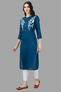House of RP Women's Light Blue Rayon Chicken Embroidered Straight Kurta | Grocsy