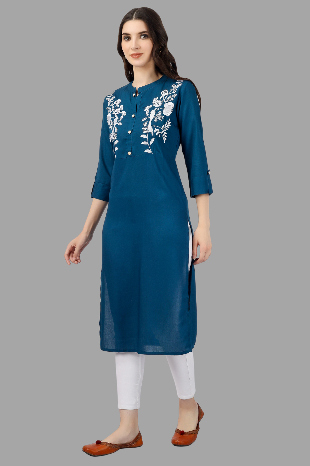 House of RP Women's Light Blue Rayon Chicken Embroidered Straight Kurta | Grocsy