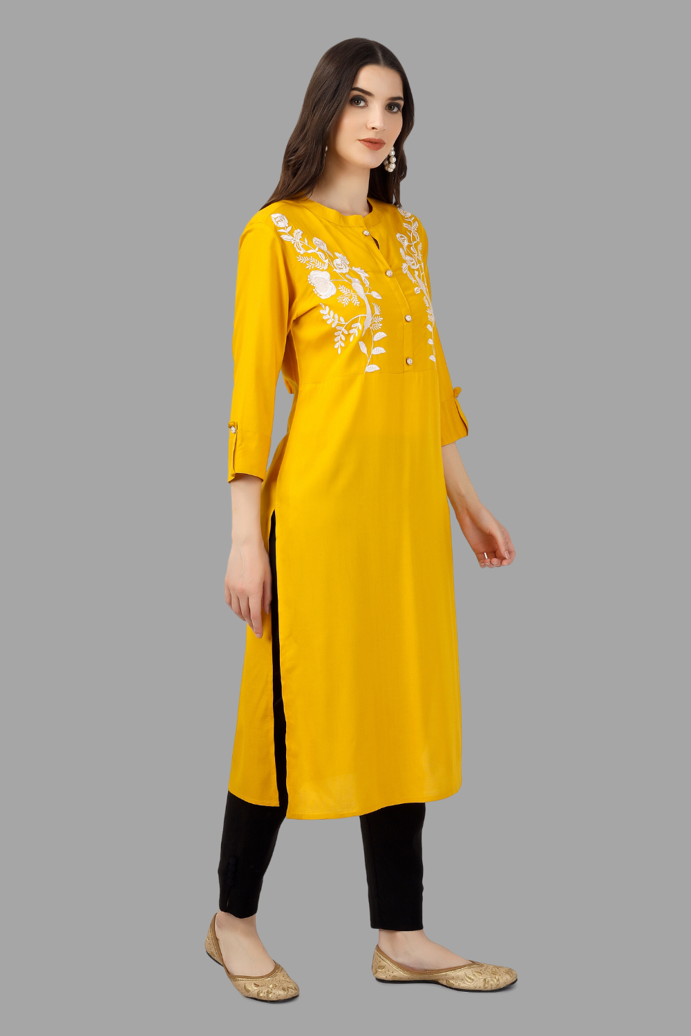 House of RP Women's Yellow Rayon Chicken Embroidered Straight Kurta | Grocsy