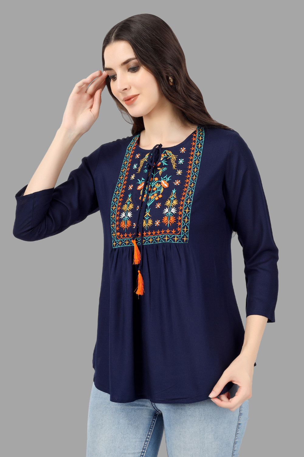 House of RP Women Blue Rayon Embroidered Flared Tunic | Grocsy