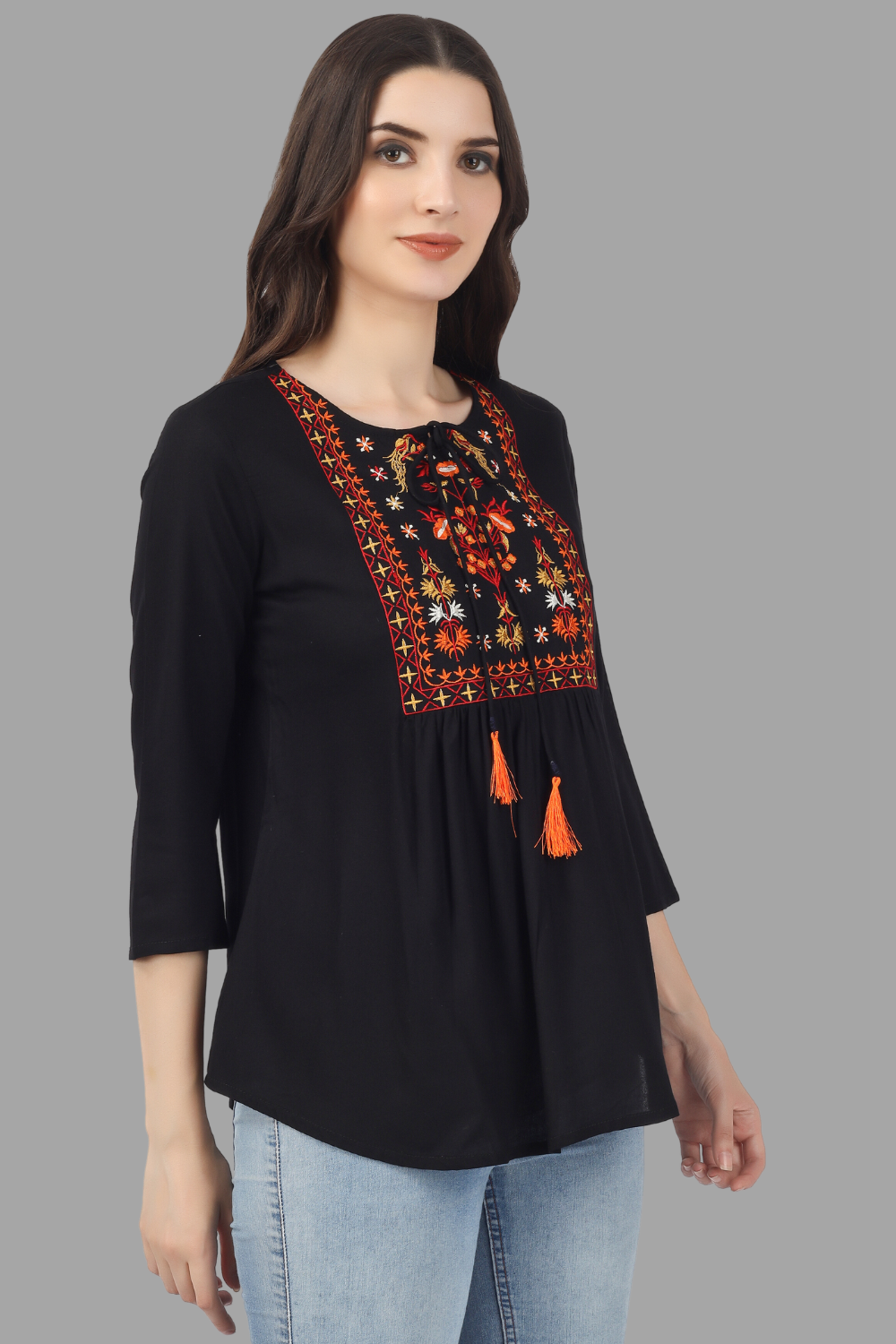 House of RP Women Black Rayon Embroidered Flared Tunic | Grocsy