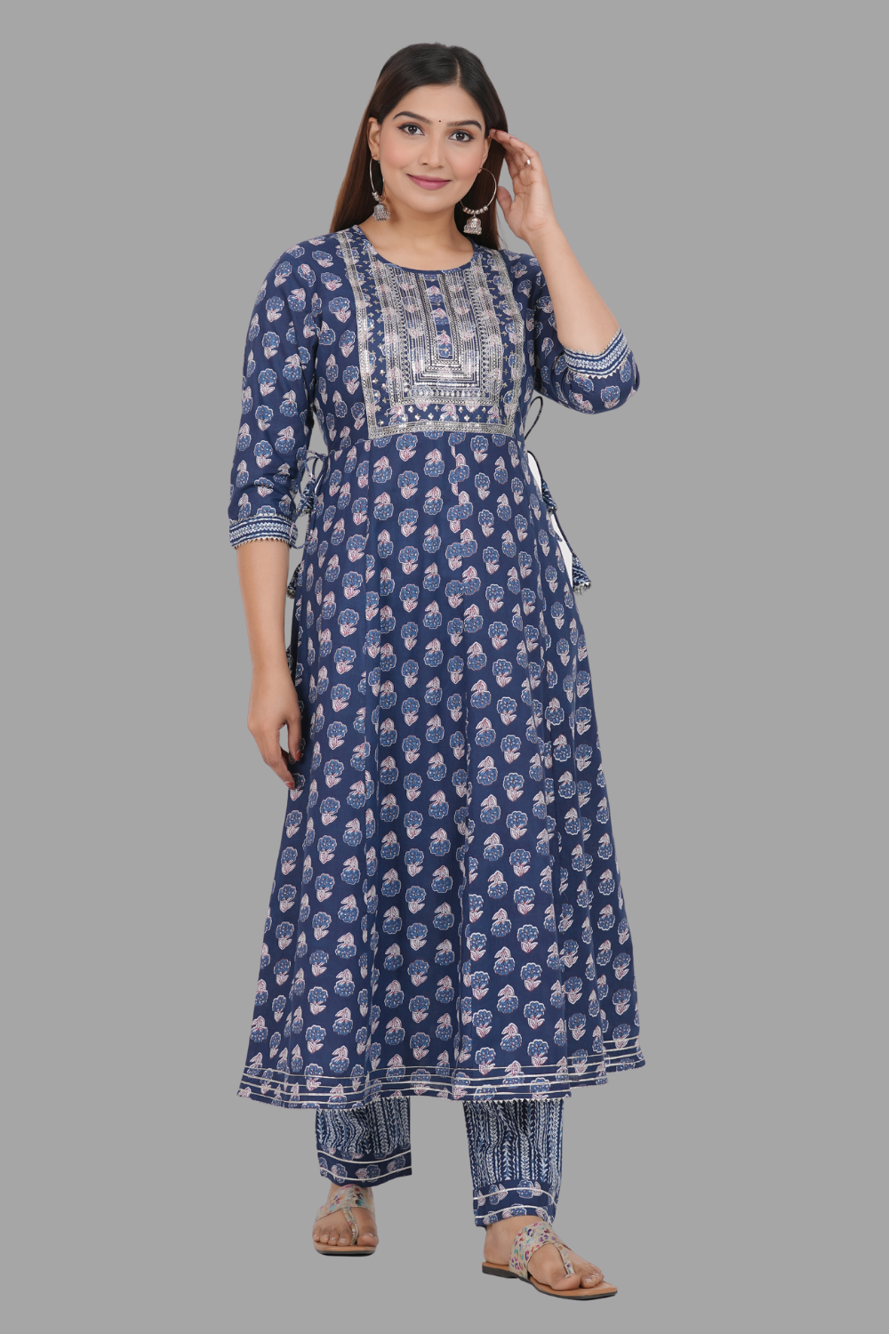 House of RP Women's Blue Cotton Floral Yoke Embroidered Anarkali Kurta & Pant Set | Grocsy