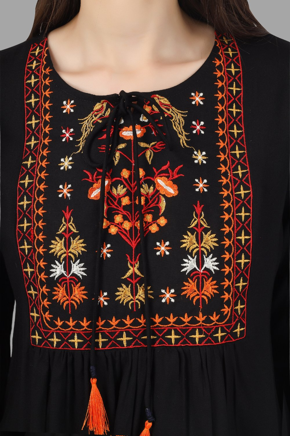 House of RP Women Black Rayon Embroidered Flared Tunic | Grocsy