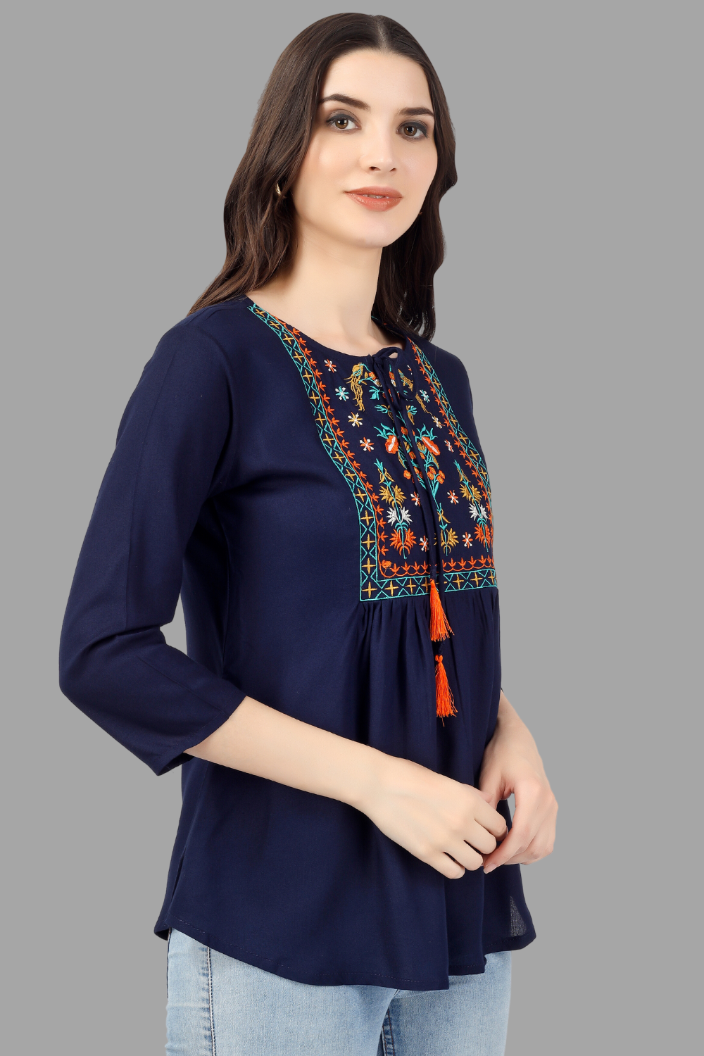 House of RP Women Blue Rayon Embroidered Flared Tunic | Grocsy