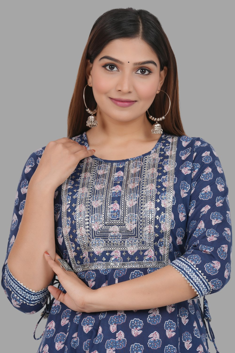 House of RP Women's Blue Cotton Floral Yoke Embroidered Anarkali Kurta & Pant Set | Grocsy