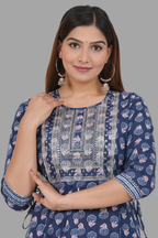House of RP Women's Blue Cotton Floral Yoke Embroidered Anarkali Kurta & Pant Set | Grocsy