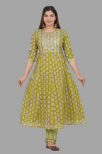 House of RP Women's Green Cotton Floral Yoke Embroidered Anarkali Kurta & Pant Set | Grocsy