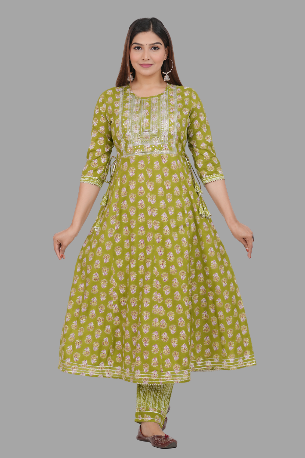 House of RP Women's Green Cotton Floral Yoke Embroidered Anarkali Kurta & Pant Set | Grocsy
