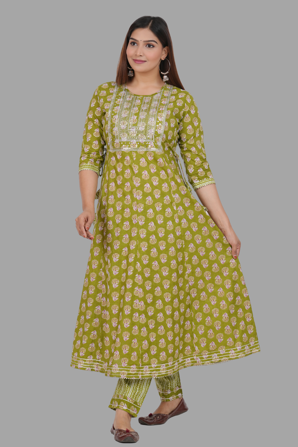 House of RP Women's Green Cotton Floral Yoke Embroidered Anarkali Kurta & Pant Set | Grocsy