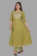 House of RP Women's Green Cotton Floral Yoke Embroidered Anarkali Kurta & Pant Set | Grocsy