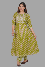 House of RP Women's Green Cotton Floral Yoke Embroidered Anarkali Kurta & Pant Set | Grocsy