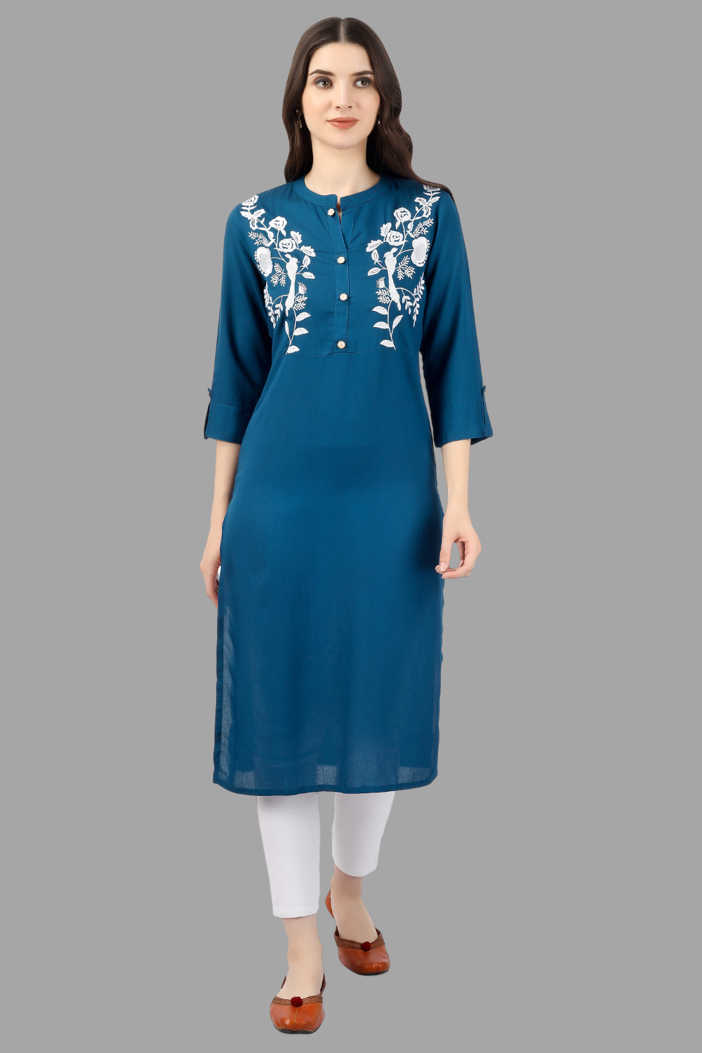 House of RP Women's Light Blue Rayon Chicken Embroidered Straight Kurta | Grocsy