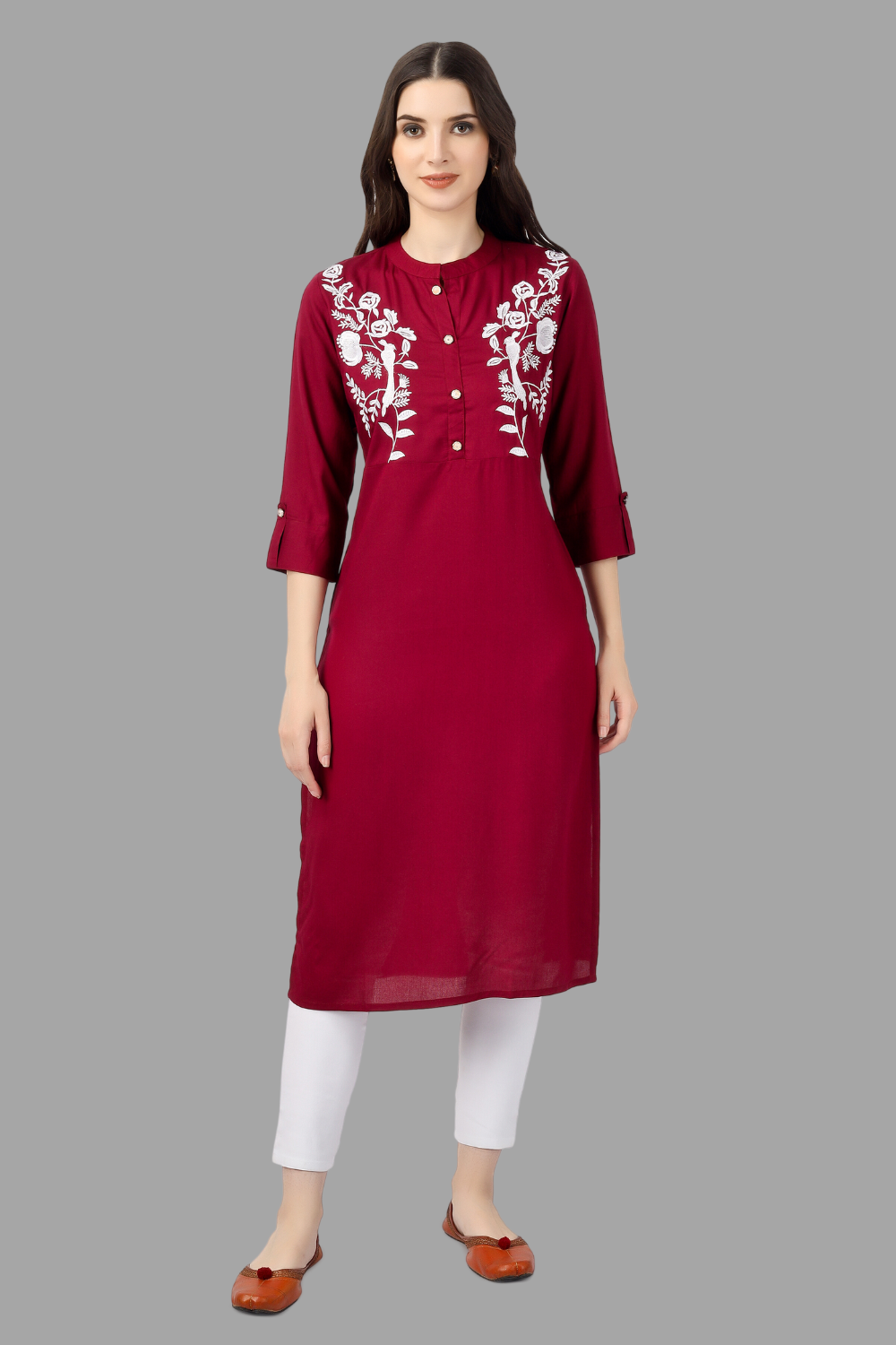 House of RP Women's Maroon Rayon Chicken Embroidered Straight Kurta | Grocsy
