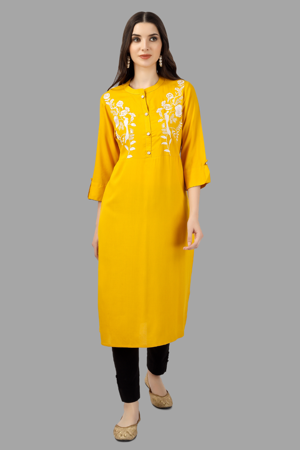 House of RP Women's Yellow Rayon Chicken Embroidered Straight Kurta | Grocsy