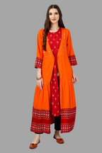 House of RP Women's Red Rayon Embroidered Circular Kurta with Shurg | Grocsy