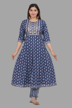 House of RP Women's Blue Cotton Floral Yoke Embroidered Anarkali Kurta & Pant Set | Grocsy