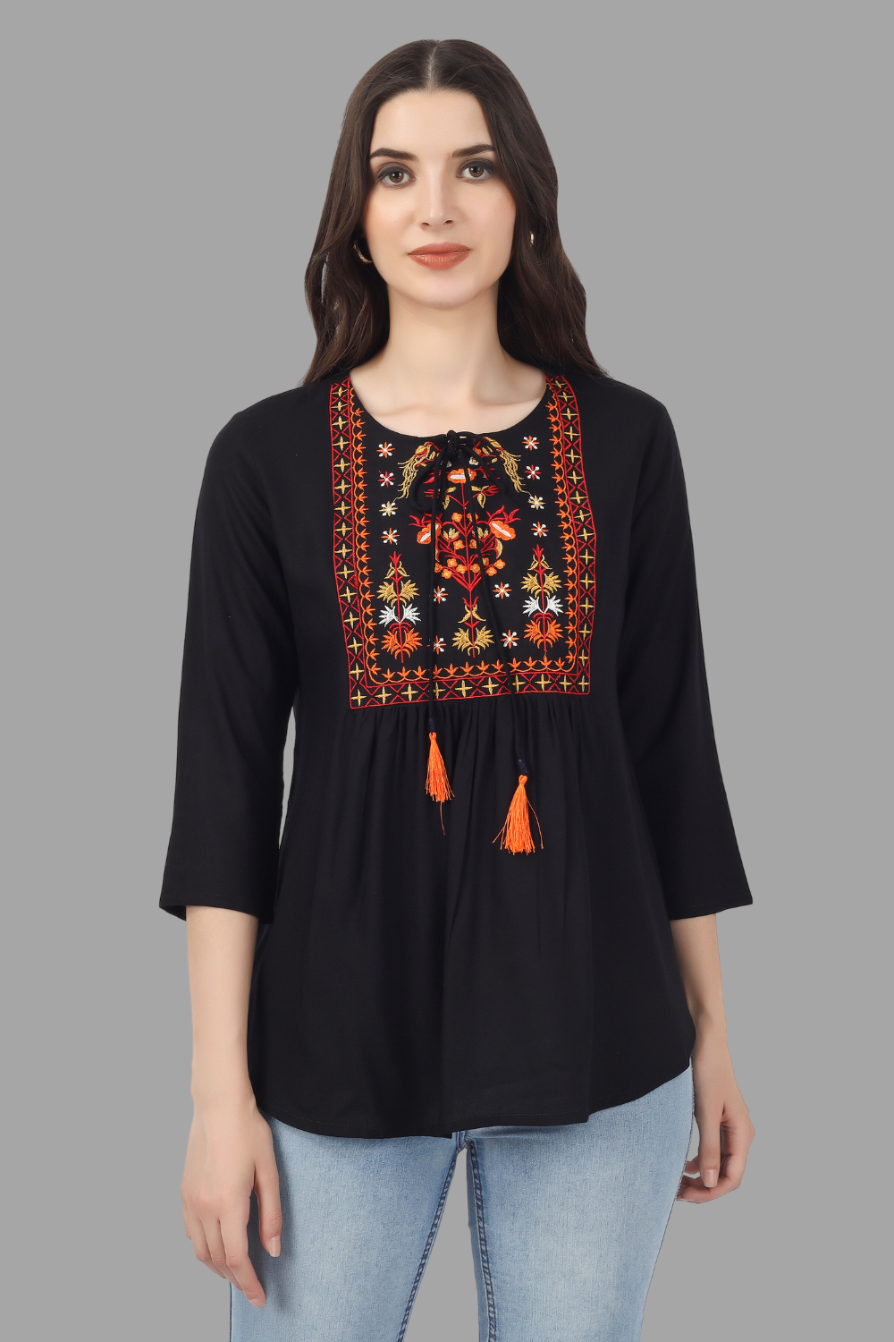 House of RP Women Black Rayon Embroidered Flared Tunic | Grocsy