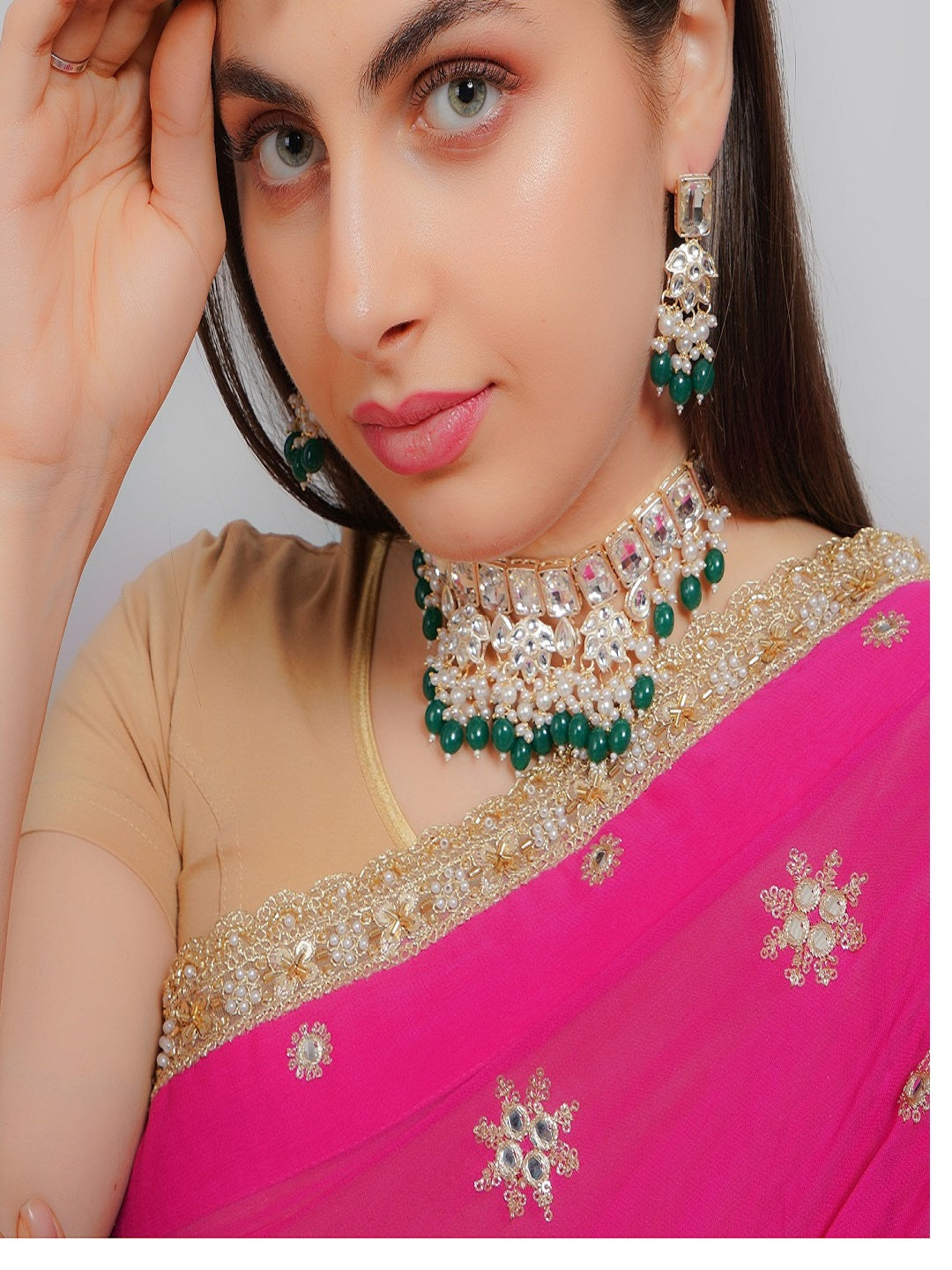 Divisha Alloy Gold-plated Green Traditional Jewellery Set | Grocsy
