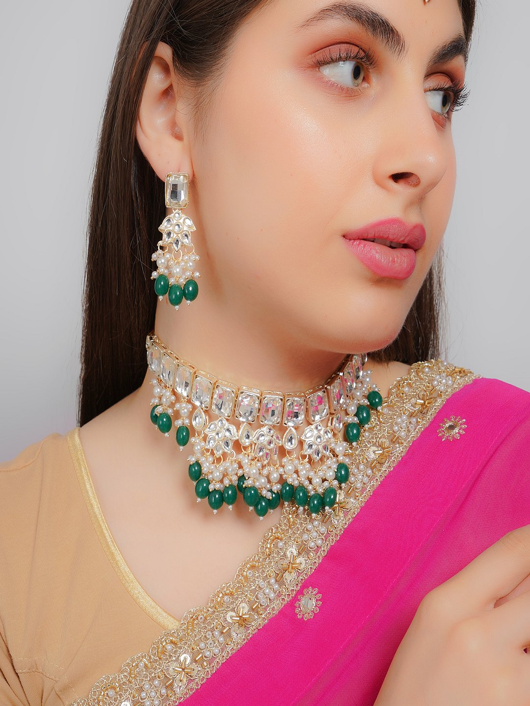 Divisha Alloy Gold-plated Green Traditional Jewellery Set | Grocsy