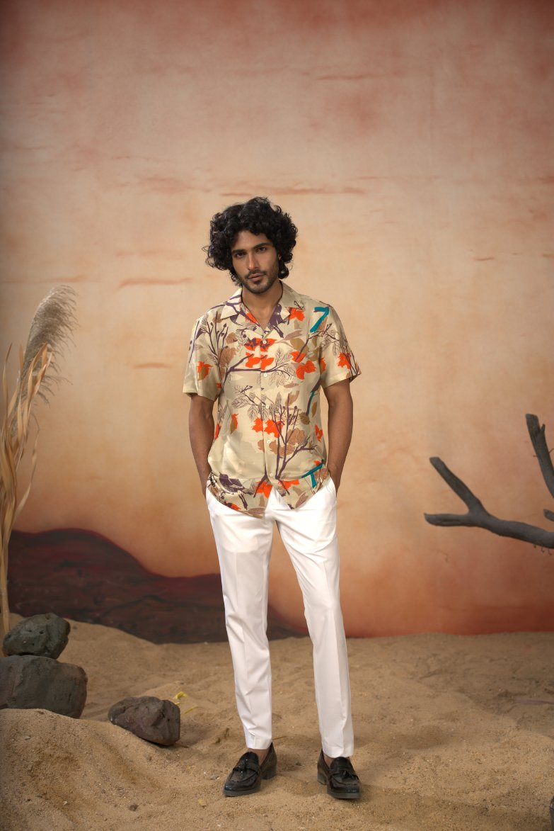 Serenity Bird Themed Print Cotton Shirt by Hilo Design | Grocsy